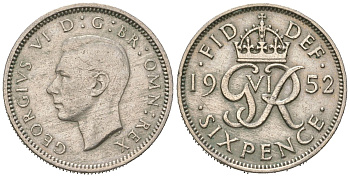 Великобритания 6 пенсов 1952 Георг VI (1936-1952) KM 875, Spink 4110 медно-никель 4618-1048