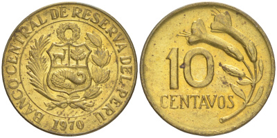 ПЕРУ 10 СЕНТАВО 1970 ЦВЕТОК KM 245.2 латунь 4516-624