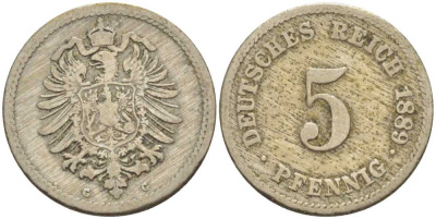 ГЕРМАНИЯ 5 ПФЕННИГОВ 1889 G, СТАРОГЕРБОВКА KM 3, J. 3, Weege 5 медно-никель 206-1059