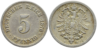 ГЕРМАНИЯ 5 ПФЕННИГОВ 1876 G, СТАРОГЕРБОВКА KM 3, J.3 медно-никель 4396-258