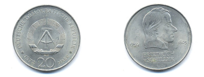 ГДР 20 марок 1972 А, Фридрих Шиллер (1759-1805) KM 40 медно-никель 3333-723