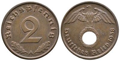 Германия 2 рейхспфеннига 1938 A KM 90, J. 362 бронза 176-917