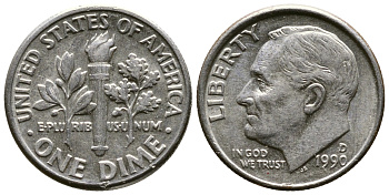 США 10 ЦЕНТОВ = 1 ДАЙМ 1990 D, РУЗВЕЛЬТ KM 195а медь плакированная медно-никелем 57-1246