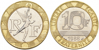 Франция 10 франков 1988 тип гений Бастилии KM 964.1, Le Franc 375.2 биметалл 186-355