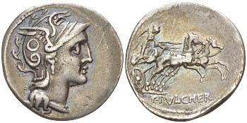 Римская Республика денарий 110 - 109 гг. до н.э. монетарий Г. Клавдий Пульхер, голова Ромы / Виктория в биге, Рим, GOOD VERY FINE, 3,62 гр Crawf. 300/1; Syd. 569 серебро 1073-7-31