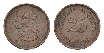 Финляндия 25 пенни 1943 KM 25a медь 4649-224