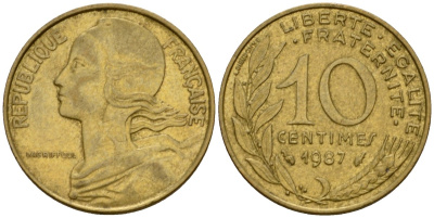 Франция 10 сантимов 1987 тип Marianne KM 929 алюминиевая бронза 4391-324