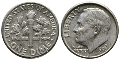 США 10 ЦЕНТОВ = 1 ДАЙМ 1990 D, РУЗВЕЛЬТ KM 195а медь плакированная медно-никелем 57-1246