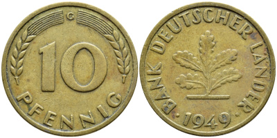 ФРГ 10 ПФЕННИГОВ 1949 G КМ 103 J.378 сталь плакированная бронзой 54-2211