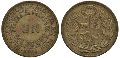 Перу 1 соль 1964 KM 222 латунь VG 118-1035