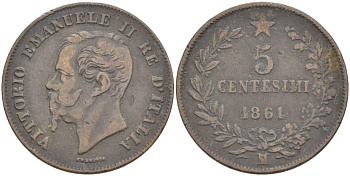 ИТАЛИЯ 5 ЧЕНТЕЗИМО 1861 М, МОНДВОР МИЛАН, ВИКТОР ЭММАНУИЛ II (1861-1878) KM 3.2 медь 4182-1252