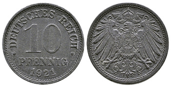 ГЕРМАНИЯ 10 ПФЕННИГОВ 1921 KM 26, J. 299 цинк 4380-244