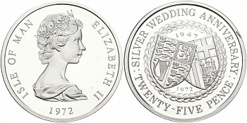 Остров Мэн 25 пенсов 1972 25 лет свадьбы Елизаветы II и Филиппа, гербы KM 25a серебро PROOF 11-012-32