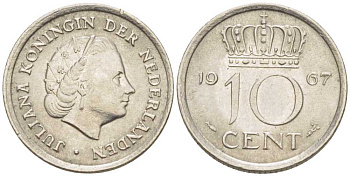 НИДЕРЛАНДЫ 10 ЦЕНТОВ 1967 ЮЛИАНА (1948-1980) KM 182 никель 214-1228
