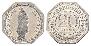 Нюрнберг трамвайный (транспортный) жетон в 20 пфеннигов ND (1920-1921) Нюрнбергская Мадонна Men05 19256.27, Men18 24102.27 алюминий UNC 4638-315