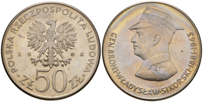 Польша 50 злотых 1981 MW, Военачальники Второй мировой войны - Владислав Сикорский Y 122 медно-никель UNC 81-726