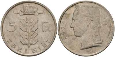 Бельгия 5 франков 1974 Belgie, Бодуэн I (1951-1993) KM 135 медно-никель 4156-642