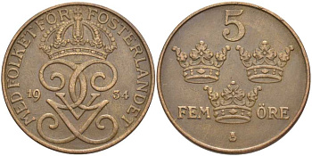Швеция 5 эре 1934 Густав V (1907-1950) KM 779.2 бронза 115-842