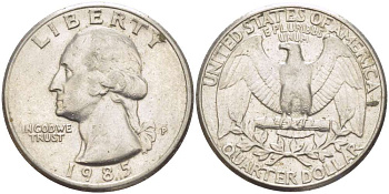 США 25 ЦЕНТОВ = КВОТЕР 1985 ВАШИНГТОН KM А164а медь плакированная медно-никелем 216-1054