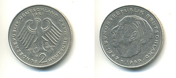 ФРГ 2 марки 1982 J, Теодор Хойс KM 127, J. 407 медно-никель плакированный никелем  83-1854