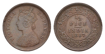 Британская Индия 1/2 пайса 1887 Виктория (1837-1901) KM 484 медь    1527-1413