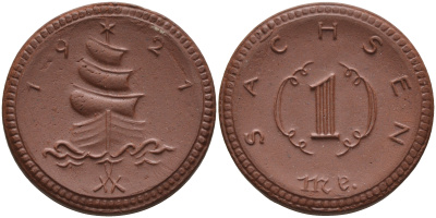 Саксония 1 марка 1921 парусник J. N 55 фарфор 1094-4-55