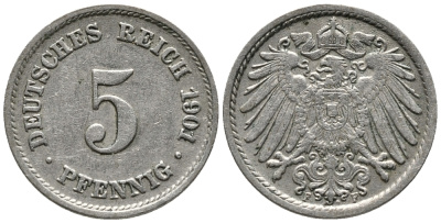 ГЕРМАНИЯ 5 ПФЕННИГОВ 1901 F KM 11, J. 12 медно-никель 39-748