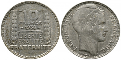 Франция 10 франков 1938 Пьер Тюрен KM 878, Le Franc 360.9 серебро 413-2825