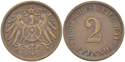 ГЕРМАНИЯ 2 ПФЕННИГА 1911 G KM 16, J. 11, Weege 4 медь 206-611