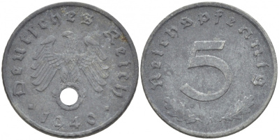 ГЕРМАНИЯ 5 РЕЙХСПФЕННИГОВ 1940 A, KM 100, J. 370 цинк 3996-1131