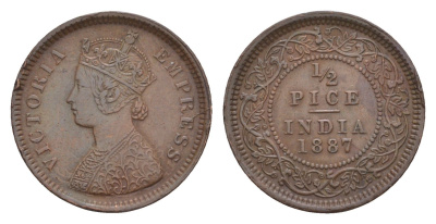 Британская Индия 1/2 пайса 1887 Виктория (1837-1901) KM 484 медь    1527-1413