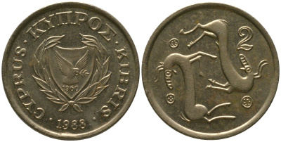 Кипр 2 цента 1988 KM 54.2 никель латунь 4158-256