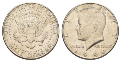 США 1/2 доллара (50 центов) 1990 D, Джон Кеннеди KM A202b медь плакированная медно-никелем aUNC 4367-1024