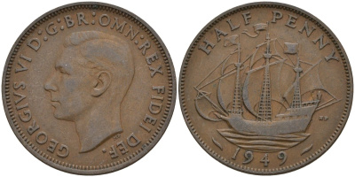 Великобритания 1/2 пенни 1952 Георг VI (1936-1952) KM 868, Spink 4118 бронза 4146-246