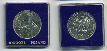 Польша 10000 злотых 1987 MW, визит папы Иоанна Павла II в Польшу, в пластиковой коробке KM 164, Parchimowicz 364a серебро UNC 5-3-1-28