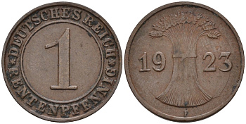 Германия 1 рентенпфенниг 1923 F KM 30, J.306, Weege 1 медь 4585-538