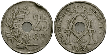 Бельгия 25 сантимов 1921 Belgie KM 69 медно-никель 4165-816