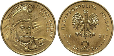 Польша 2 злотых 1997 MW, Стефан Баторий (1575-1586) KM 350 нордик  UNC  1526-125
