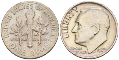 США 10 ЦЕНТОВ = 1 ДАЙМ 1970 РУЗВЕЛЬТ KM 195a медь плакированная медно-никелем 187-1046