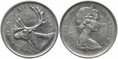 КАНАДА 25 ЦЕНТОВ 1974 ЕЛИЗАВЕТА II, ОЛЕНЬ KM 62b никель 87-1115