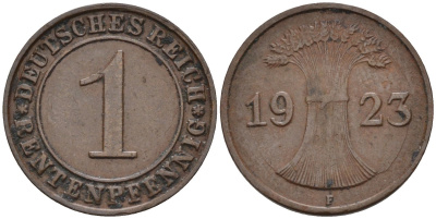 Германия 1 рентенпфенниг 1923 F KM 30, J.306, Weege 1 медь 4585-538