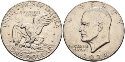 США 1 доллар 1978 D, Президент Эйзенхауэр, лунный орел KM А203 медь плакированная медно-никелем 4578-212