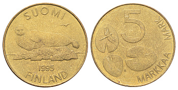 Финляндия 5 марок 1995 KM 73 алюминиевая бронза 4666-836
