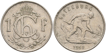 Люксембург 1 франк 1952 сталевар KM 46.2 медно-никель 4525-1216