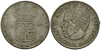 Швеция 1 крона 1953 TS, Густав VI Адольф (1950-1973) KM 826 серебро 4177-956