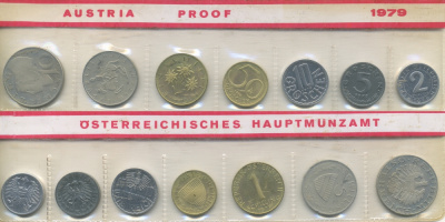 Австрия набор из 7 монет  1979  2, 5, 10, 50 грошей, 1, 5, 10 шиллингов, в целлофане PROOF 4294-10-1