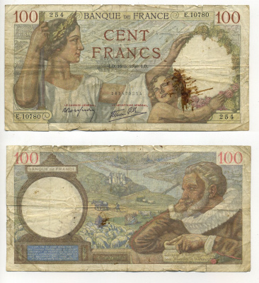 ФРАНЦИЯ 100 ФРАНКОВ 1940 16 МАЯ 1940 Pick 94 бумага 7203-69-1