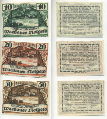 АВСТРИЯ, ВАЧАУ НАБОР ИЗ 3 БАНКНОТ 1920 30 СЕНТЯБРЯ 1920, НОТГЕЛЬД, 10, 20, 50 ГЕЛЛЕРОВ, MITTER ARNSDORF, ВТОРОЙ ВЫПУСК бумага aUNC 70-20-4