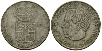 Швеция 1 крона 1953 TS, Густав VI Адольф (1950-1973) KM 826 серебро 4177-956