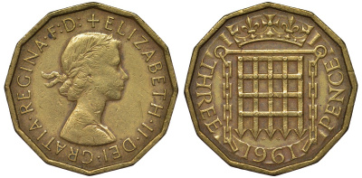 Великобритания 3 пенса 1961 Елизавета II (1952-2022) KM 900, Spink 4153 никель латунь 4122-935